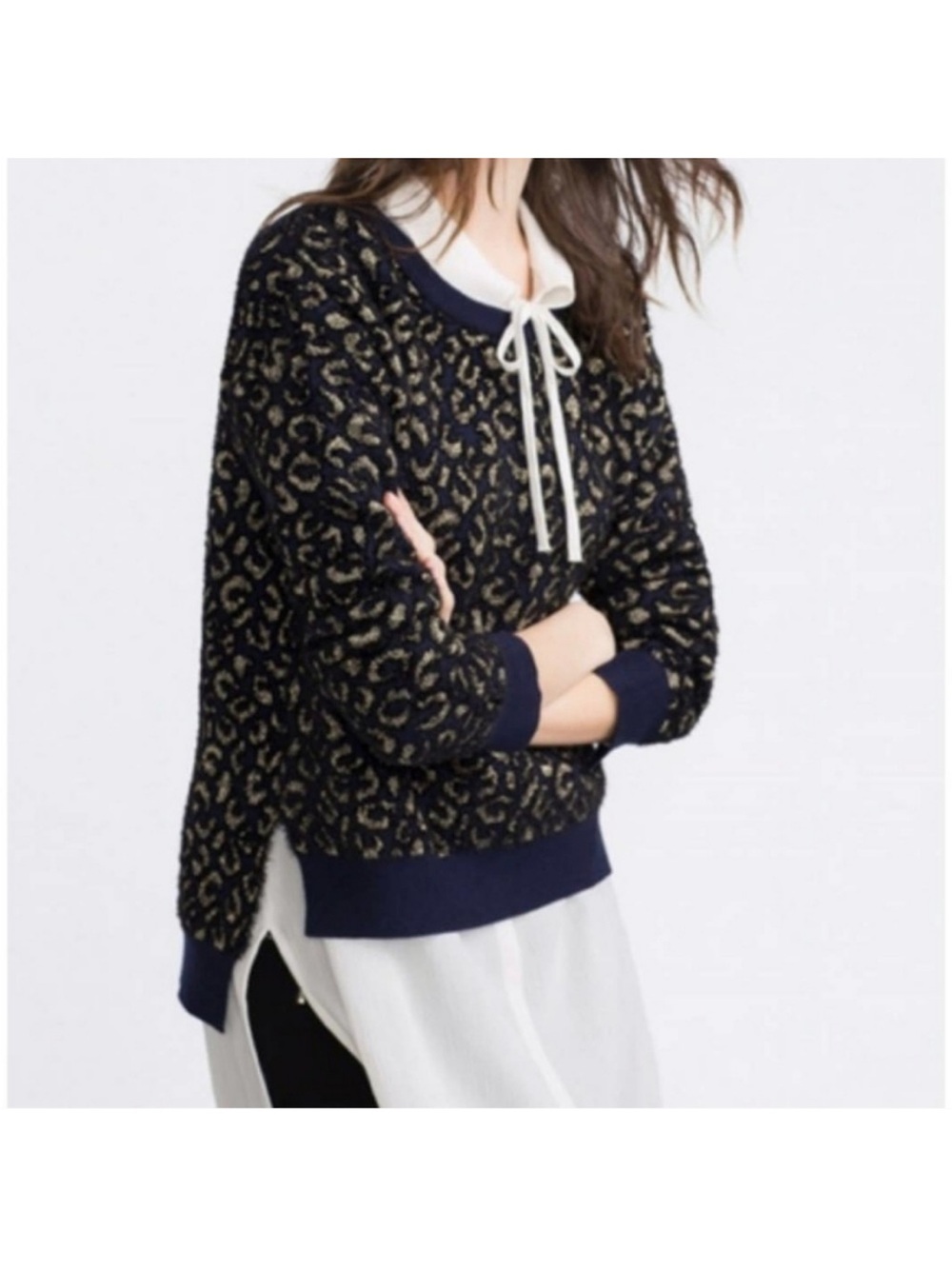 Zara Knit Navy Sweater with Metallic Gold Leopard Accents
